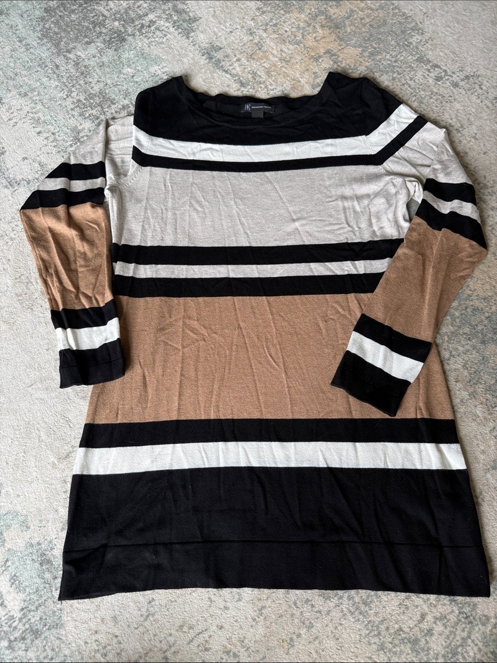 INC International Concepts Black, White & Tan Striped Tunic Sweater, Size XL